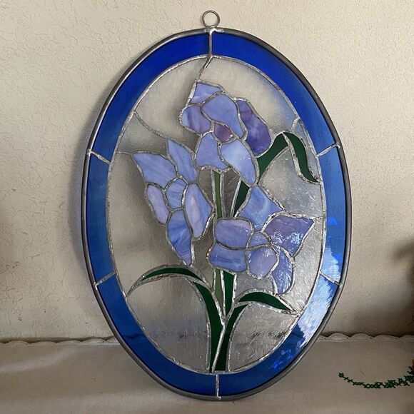 Vintage Handcrafted Large Stained Glass Suncatcher With Iris Flowers. No Cracks! - Picture 3 of 8